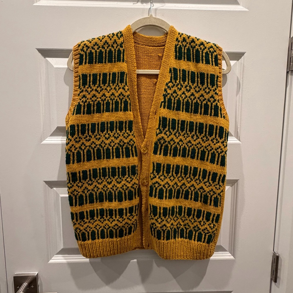 Hand Knitted Sweater Vest Mustard and Green Pattern